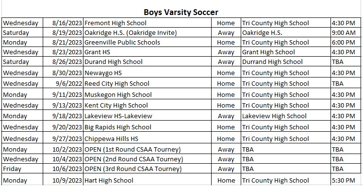 Varsity Boys Soccer Schedule